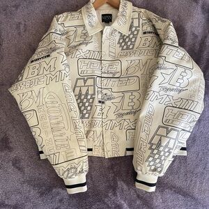 BoohooMan Boxy Moto Collared Racing Japanese Cream Bomber Jacket